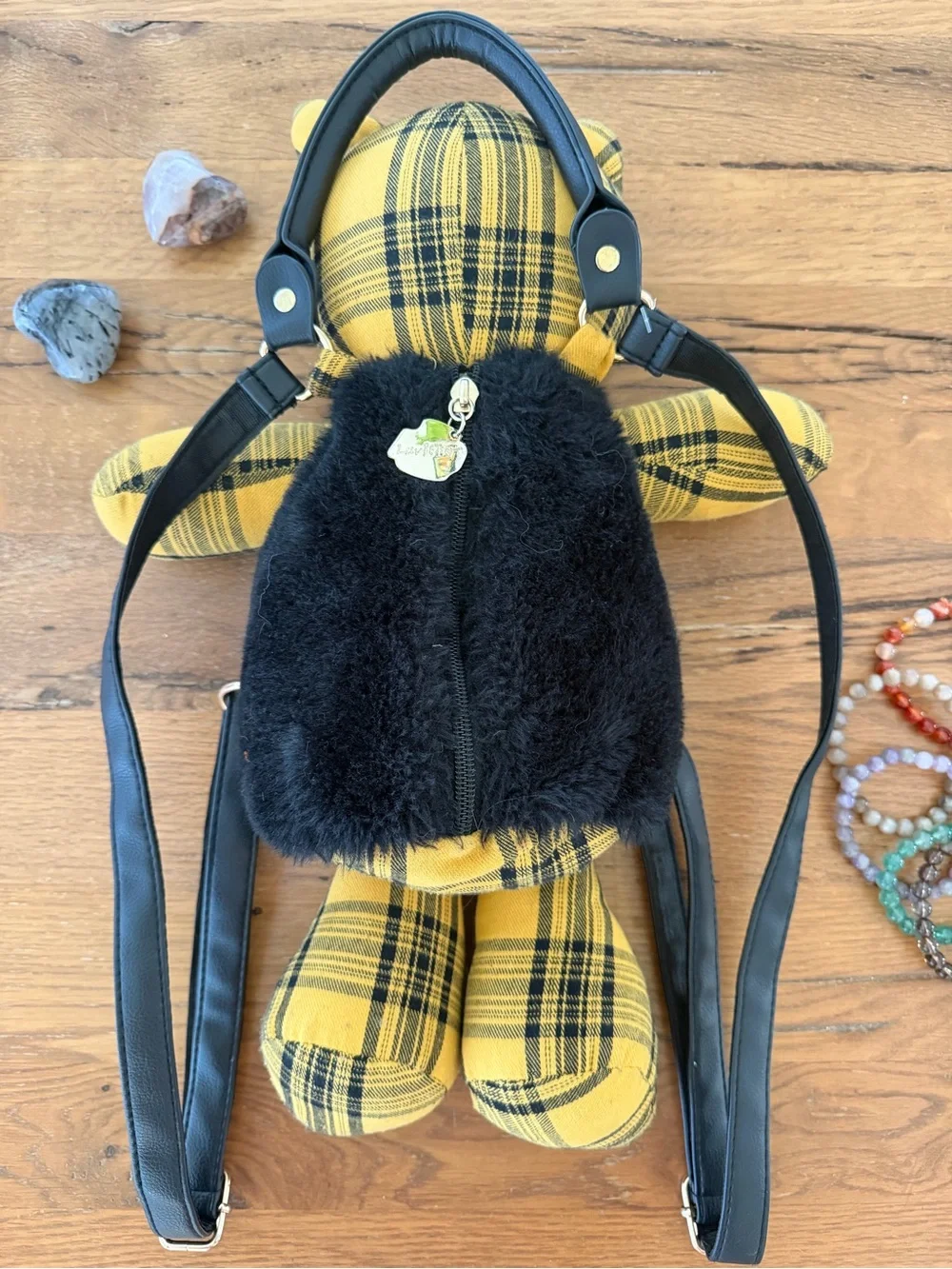 Rare Betsey Johnson Plush Cat Backpack | Yellow Plaid | Y2K